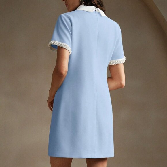 Blue Elegant Women's Colorblock Collared Faux Pearl Decor Straight Dress - Picture 2 of 7
